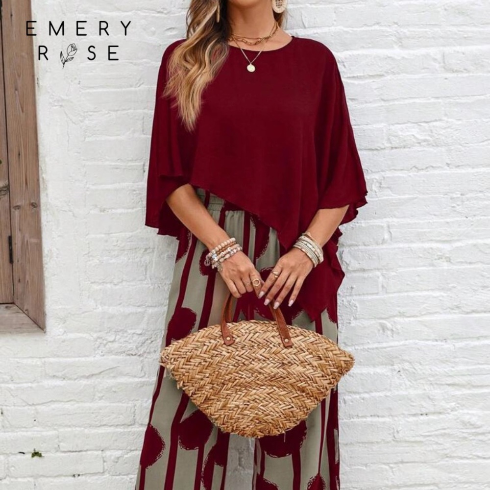 Women’s Wide-Leg Printed Pants in Burgundy and Olive and Top